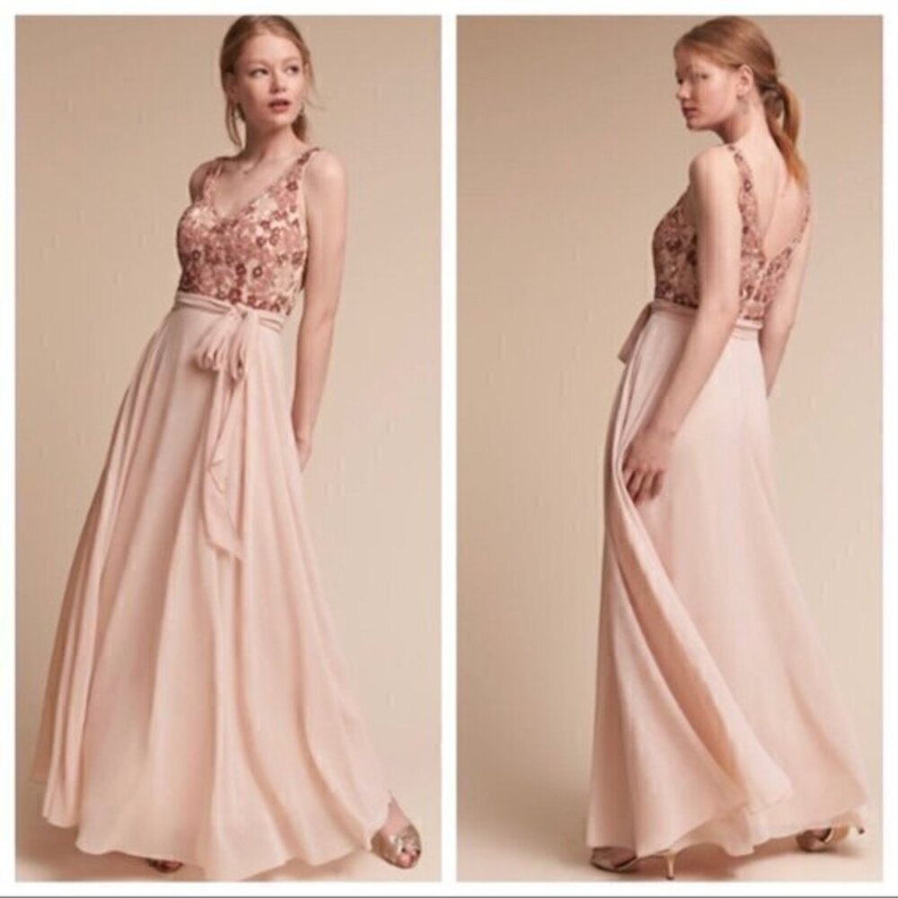 BHLDN Kiera Chiffon Beaded Floral Gown Dress in Blush Pink Size 4